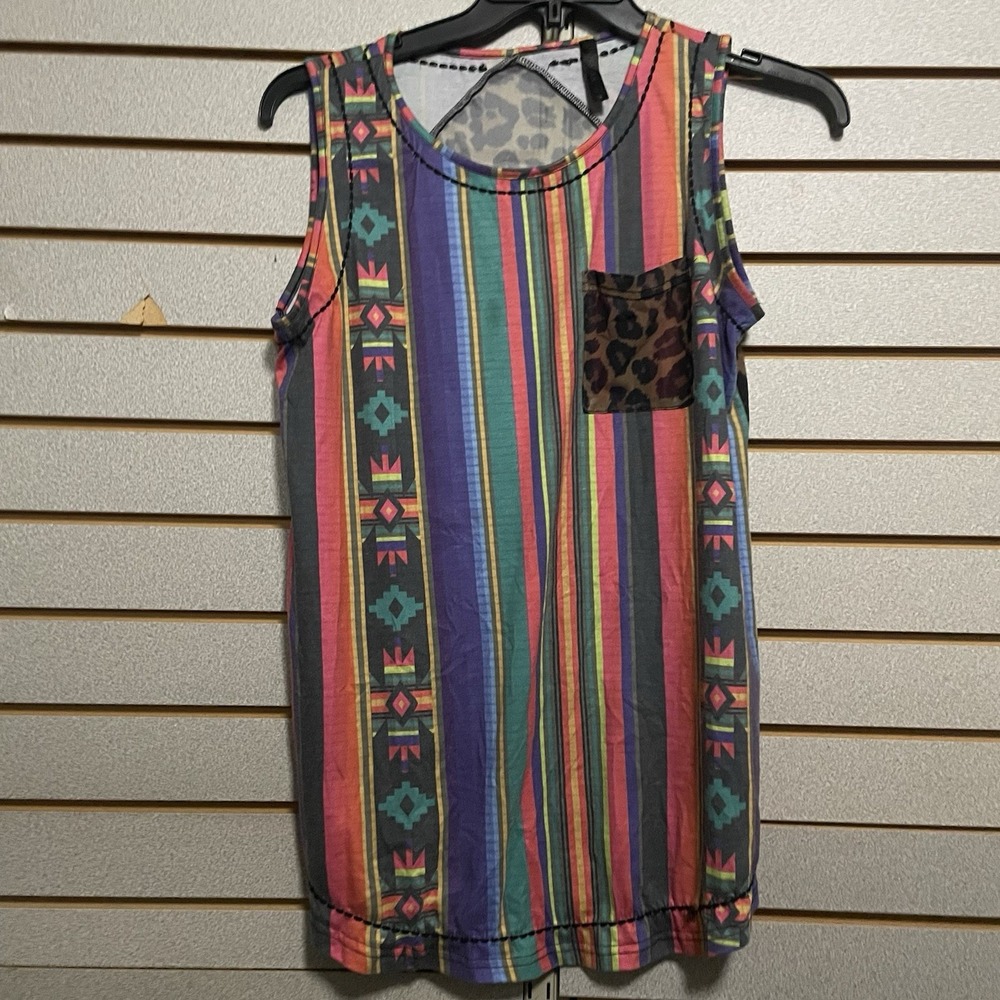 Crazy Train Medium Tank Top Shirt Multicolor Aztec Stripes Leopard Cheetah Pocke